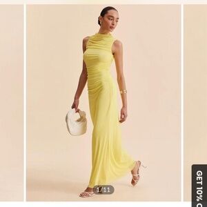 Butter Yellow Mesh Ruched Sleeveless Maxi Dress small